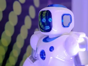 Modern toy robot with LED facial display, showcasing advanced technology and innovation. jigsaw puzzle