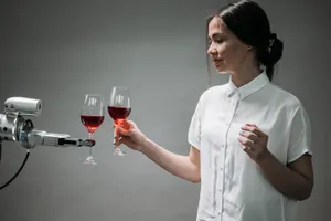 A woman and a robotic arm clink glasses of red wine, symbolizing technological harmony. jigsaw puzzle