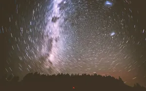 A captivating long-exposure shot of star trails and the Milky Way above silhouetted trees at night. jigsaw puzzle