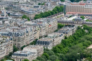 Stunning aerial view of classic Parisian architecture surrounded by greenery during summer. jigsaw puzzle