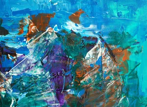 Colorful abstract painting with bold blues, greens, and oranges. jigsaw puzzle