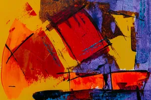 Colorful abstract painting blending red, purple, and yellow hues on canvas. jigsaw puzzle