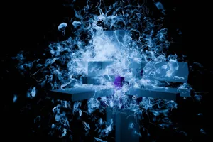 A captivating digital abstract art piece with swirling blue energy and 3D elements on a dark background. jigsaw puzzle