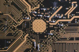 Detailed image of a printed circuit board highlighting electronic pathways and components. jigsaw puzzle