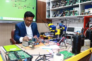 Technician repairing electronics in a lab setting with various tools and circuit boards. jigsaw puzzle