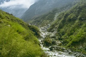 Beautiful mountain landscape with a flowing stream and vibrant green foliage. jigsaw puzzle