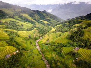 Breathtaking aerial shot of lush green rice terraces in a picturesque valley landscape. jigsaw puzzle