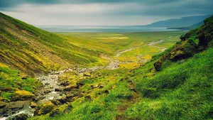 Vibrant landscape of a lush green valley leading to an ocean view, capturing serenity and natural beauty. jigsaw puzzle