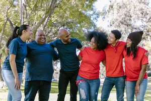 Six friends enjoy bonding outdoors, showcasing diversity and happiness. jigsaw puzzle