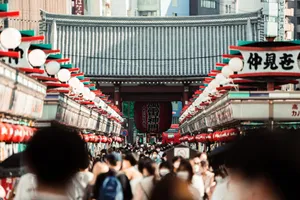 A bustling crowd in Nakamise Street, leading to Senso-ji Temple in Tokyo, Japan. jigsaw puzzle