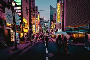 A vibrant street scene in downtown Tokyo, Japan, featuring neon lights and pedestrians at night. jigsaw puzzle