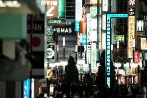 Explore the bustling nightlife of Shinjuku, Tokyo, with vibrant neon signs and a lively street scene. jigsaw puzzle