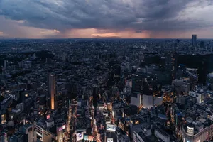 Aerial view of Tokyo cityscape during twilight with storm clouds gathering, showcasing urban lights. jigsaw puzzle