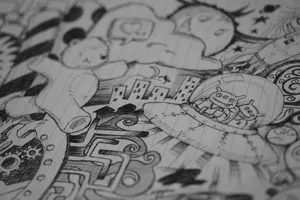 Intricate black and white doodle illustration featuring aliens in a UFO amidst imaginative cityscape and robots. jigsaw puzzle