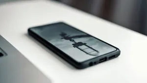 Close-up of a smartphone displaying a blurred image, placed on a desk beside a laptop. jigsaw puzzle