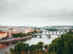 A stunning aerial view of Prague highlighting the city's bridges and historical architecture. jigsaw puzzle