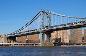 View of the Manhattan Bridge spanning the East River with New York City skyline in the background. jigsaw puzzle