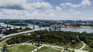 Stunning aerial view of Chattanooga's iconic bridges and skyline over the Tennessee River. jigsaw puzzle