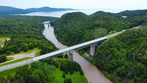 Stunning aerial shot of bridges over a lush forest river in Terrace Bay, Ontario. jigsaw puzzle
