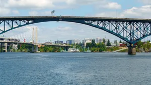 View of Fremont Bridge and Tilikum Crossing in Portland, Oregon across the Willamette River. jigsaw puzzle