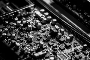 Detailed black and white close-up of an electronic circuit board, highlighting capacitors and microchips. jigsaw puzzle
