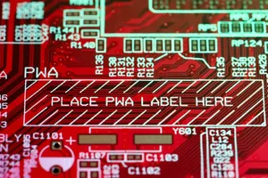Red digital tech background of colorful circuit board with various numbers and symbols near text written on surface of microchip jigsaw puzzle