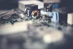Detailed and artistic close-up of electronic components on a circuit board. jigsaw puzzle