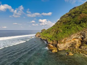 Stunning view of a lush cliffside and ocean in Bali, showcasing nature's beauty. jigsaw puzzle