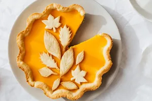 A beautifully styled pumpkin pie with leaf decorations, perfect for autumn festivities. jigsaw puzzle
