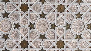 Detailed geometric pattern in Islamic tile art featuring intricate hexagonal motifs and star shapes. jigsaw puzzle