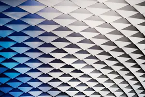 Abstract geometric ceiling with white structures and blue gradient lighting. jigsaw puzzle