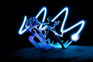 A captivating long exposure shot showcasing dynamic light painting with vivid blue streaks. jigsaw puzzle