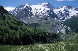 Majestic snowy peaks and lush valleys in La Grave, France, under a clear blue sky. jigsaw puzzle