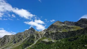 Scenic view of rocky mountain peaks under a blue sky in France's Auvergne-Rhône-Alpes. jigsaw puzzle
