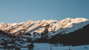 Breathtaking winter landscape of snowy mountains in La Clusaz, France during sunrise. jigsaw puzzle