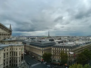 A stunning panoramic view of Paris showcasing the iconic Eiffel Tower under cloudy skies. jigsaw puzzle