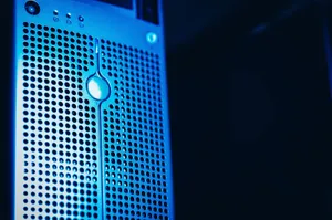 Modern server rack with blue lighting in a secure data center environment. jigsaw puzzle
