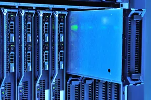Detailed view of server racks with glowing lights in a data center environment. jigsaw puzzle