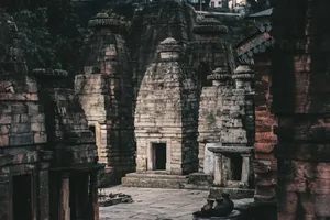 Ancient stone temples with intricate architecture in a moody, mystical setting. jigsaw puzzle