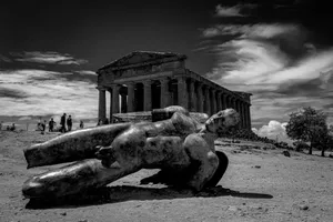 Black and white image of ancient Greek ruins and statue in Agrigento, Sicily. jigsaw puzzle