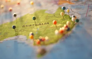 Close-up of a map of Australia with colorful pins marking various cities and destinations. jigsaw puzzle