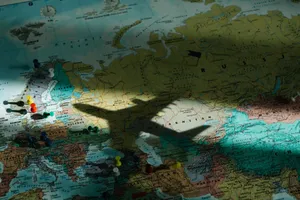 Shadow of an airplane on a map of Europe, highlighting travel and exploration concepts. jigsaw puzzle