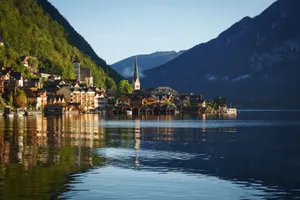 Picturesque view of Hallstatt, Austria with scenic reflections on the lake during a peaceful day. jigsaw puzzle