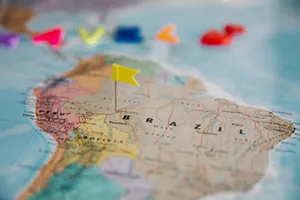 Detailed close-up map of South America highlighting Brazil with a yellow flag pin. jigsaw puzzle
