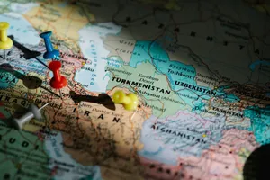 Colorful pushpins marking locations on a detailed map of Central Asia. jigsaw puzzle