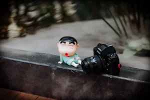 Playful toy figure next to a camera on a foggy day outdoors. jigsaw puzzle