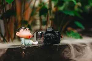 Charming scene with a playful figurine next to a vintage camera amidst a misty, lush backdrop. jigsaw puzzle