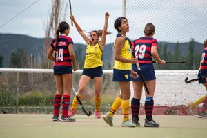 Dynamic capture of women's field hockey team celebrating a goal outdoors, showcasing team spirit and excitement. jigsaw puzzle
