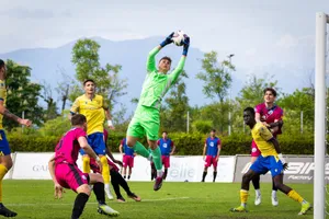 Goalkeeper in action during an intense soccer match with diverse players. jigsaw puzzle