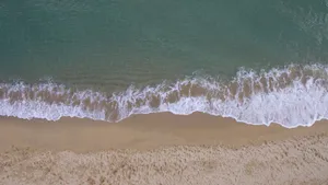 Serene aerial view of ocean waves gently lapping sandy shoreline. jigsaw puzzle